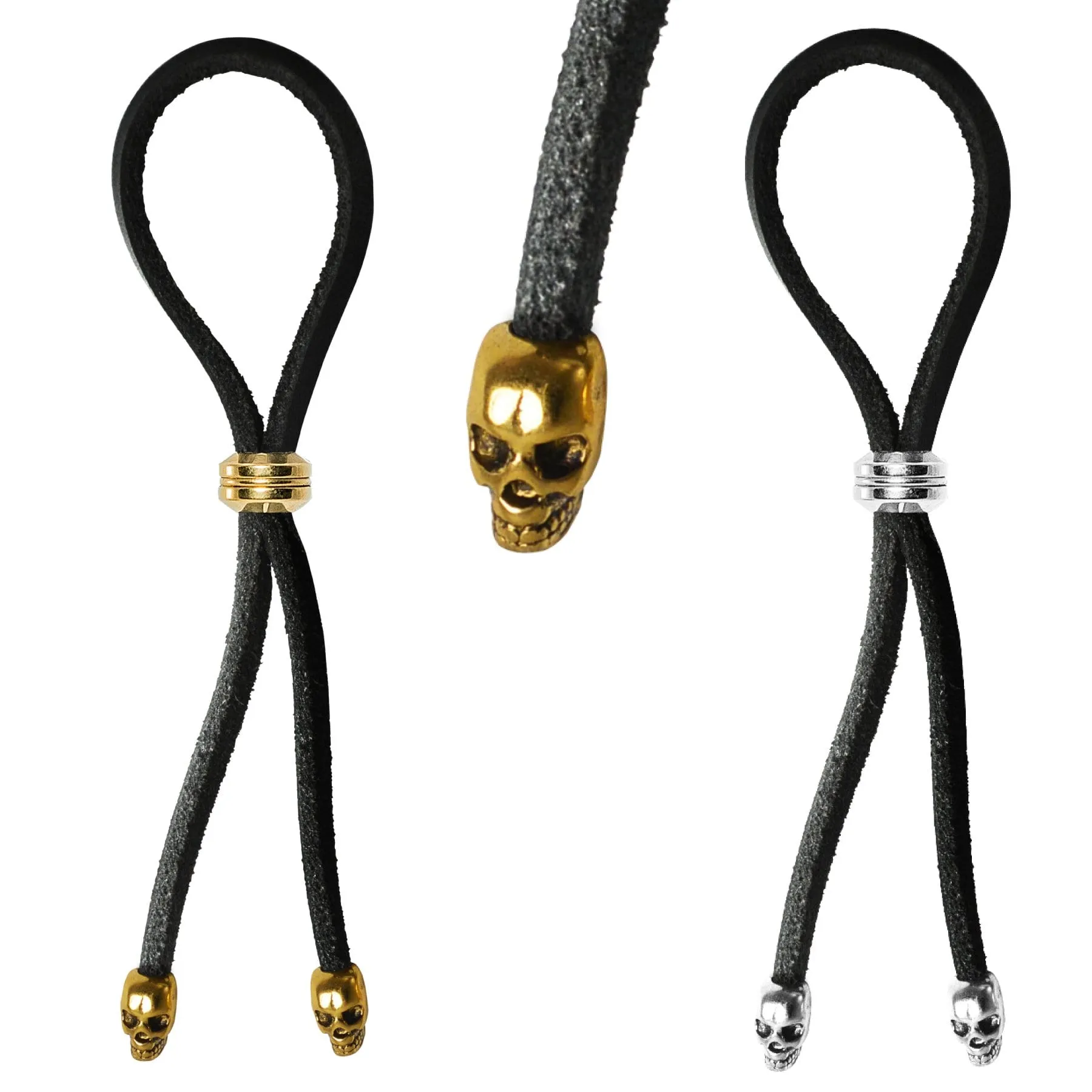 Bolo Cock Ring Leather Lasso Bead Slider w/Skull Tips