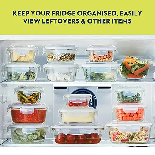 Borosil Klip N Store Glass Storage Container For Kitchen With Air-Tight Lid, Microwave & Oven Safe, Square, 320 ml, Clear