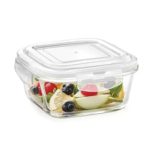 Borosil Klip N Store Glass Storage Container For Kitchen With Air-Tight Lid, Microwave & Oven Safe, Square, 320 ml, Clear