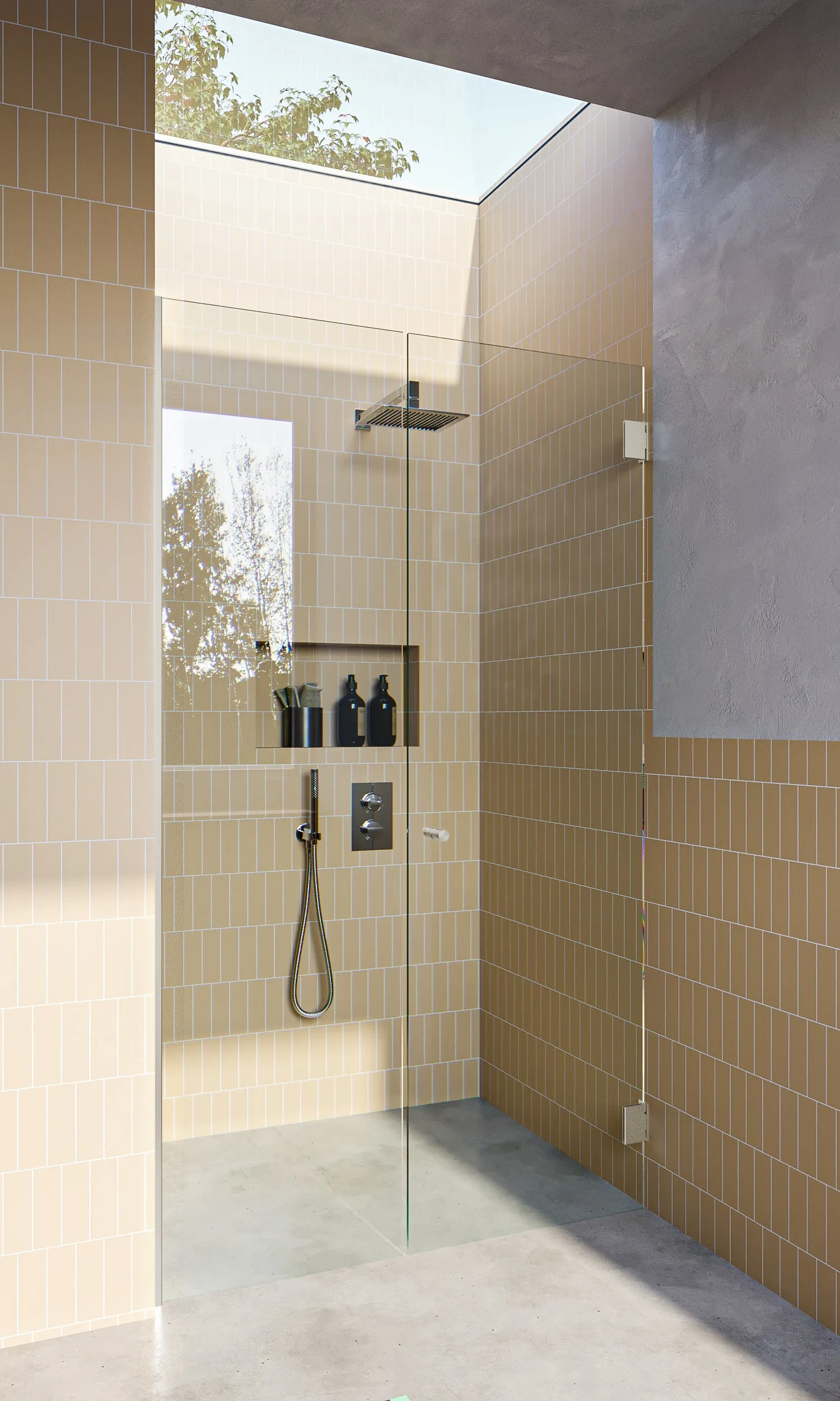 Brushed Nickel Frameless Wall to Wall Shower Screen with Dry Glaze U Channels