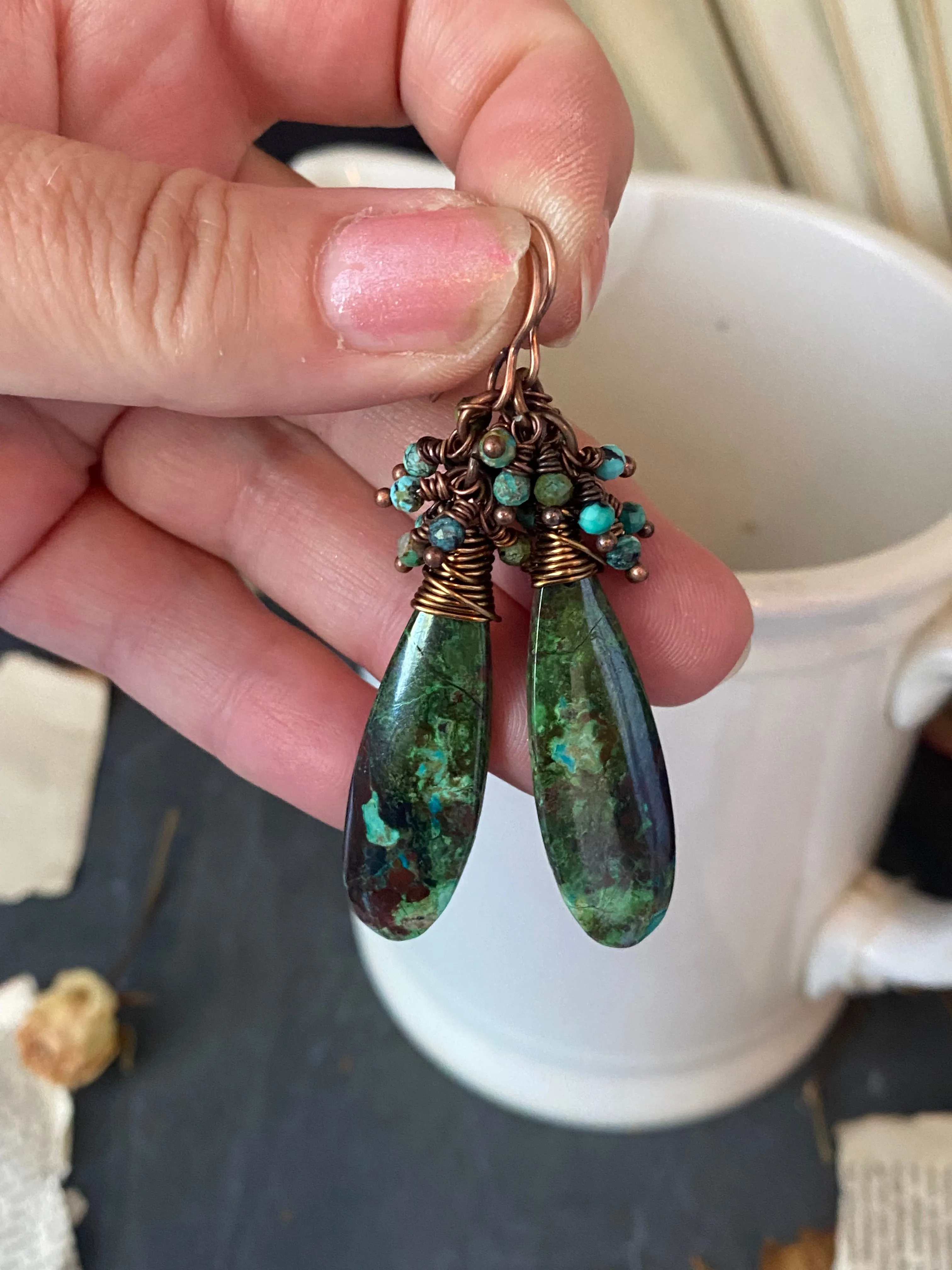 chrysocolla stone, copper metal earrings, jewelry.