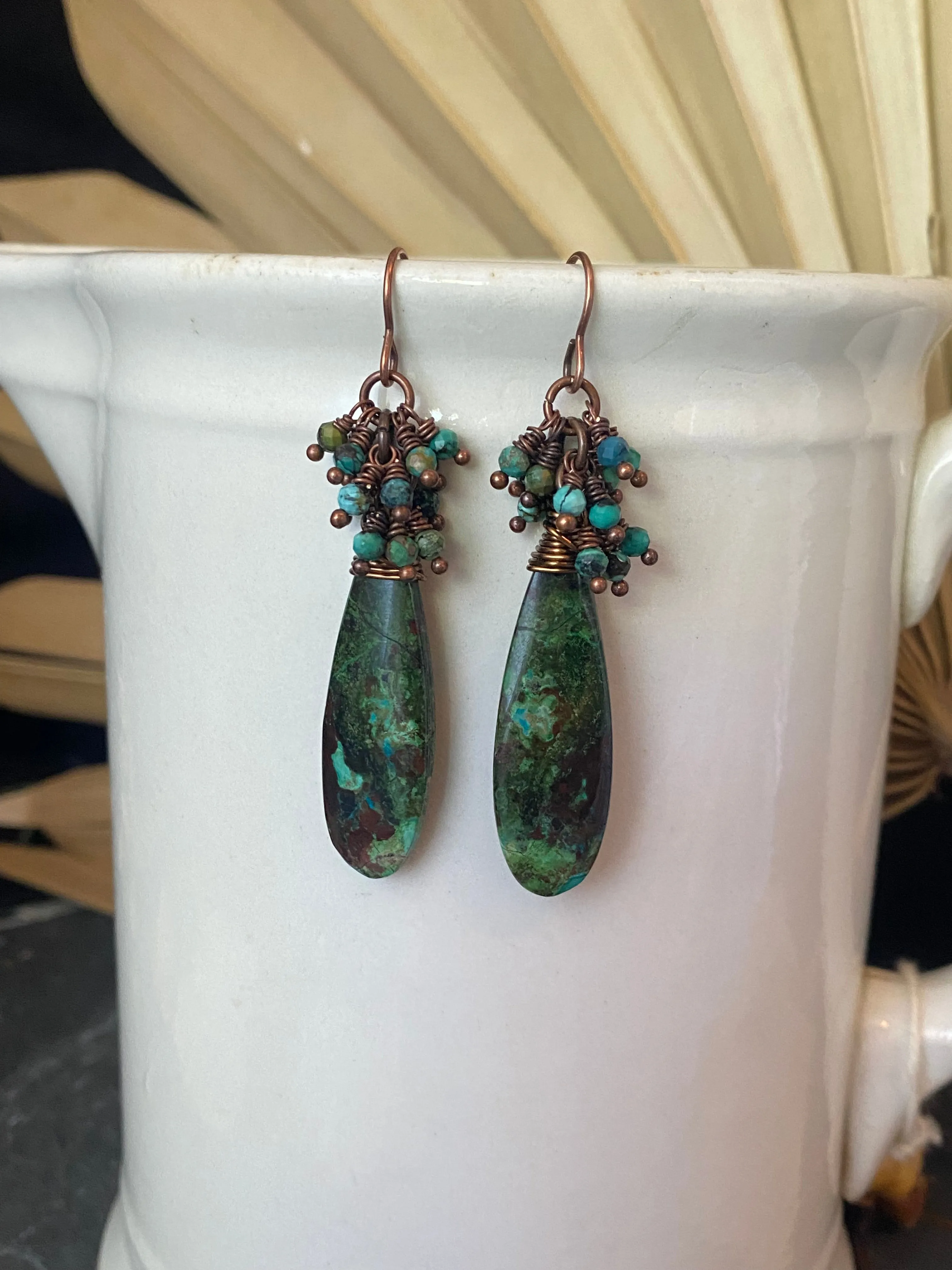 chrysocolla stone, copper metal earrings, jewelry.