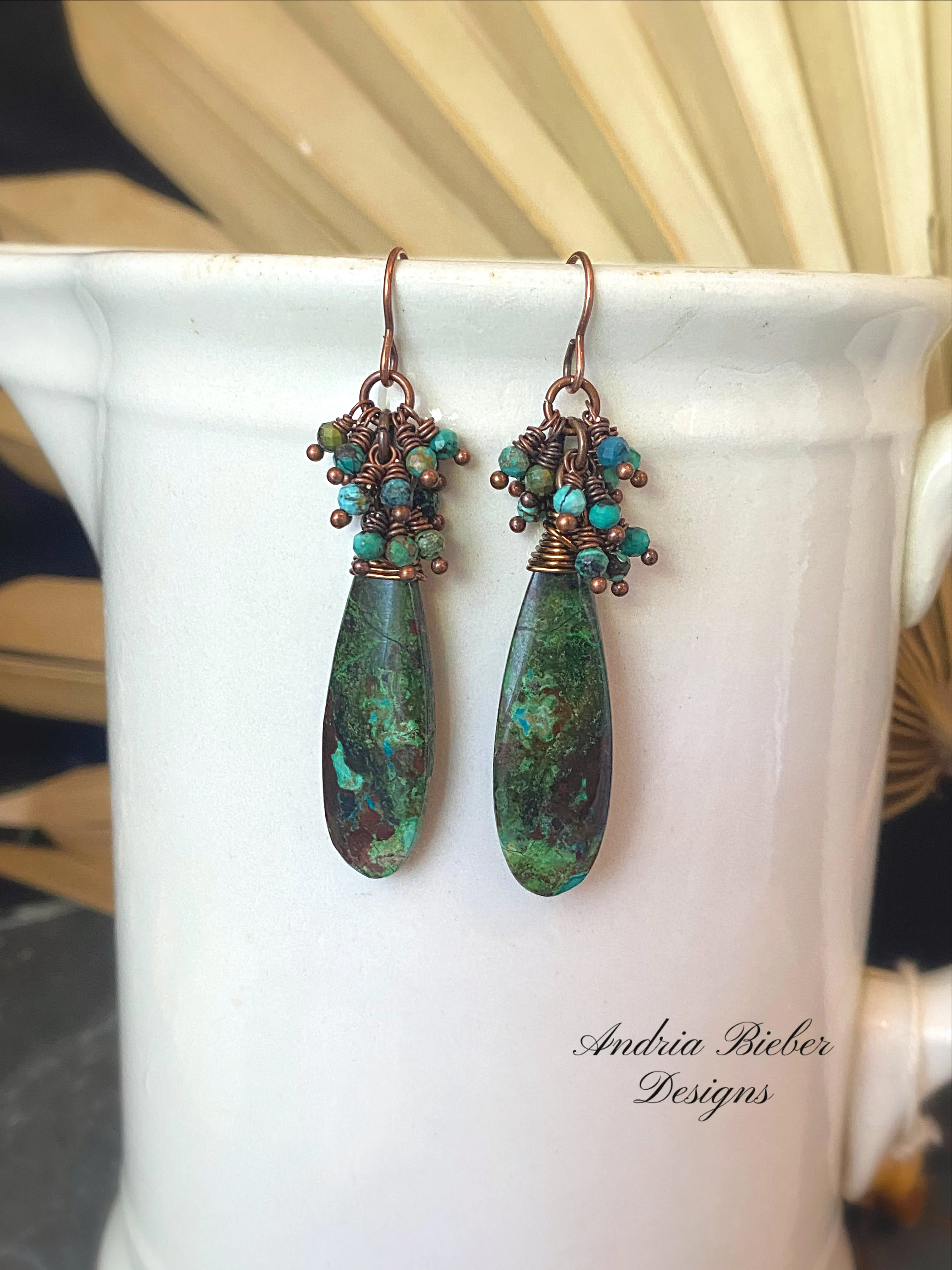 chrysocolla stone, copper metal earrings, jewelry.