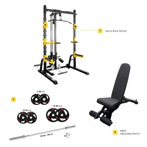 Combo Offer Squat Rack MDL66   7 ft Bar and 80 Kg Weight Plate Set with Adjustable Bench A8007