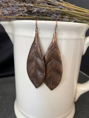 Copper leaves, boho, long drop, copper earrings