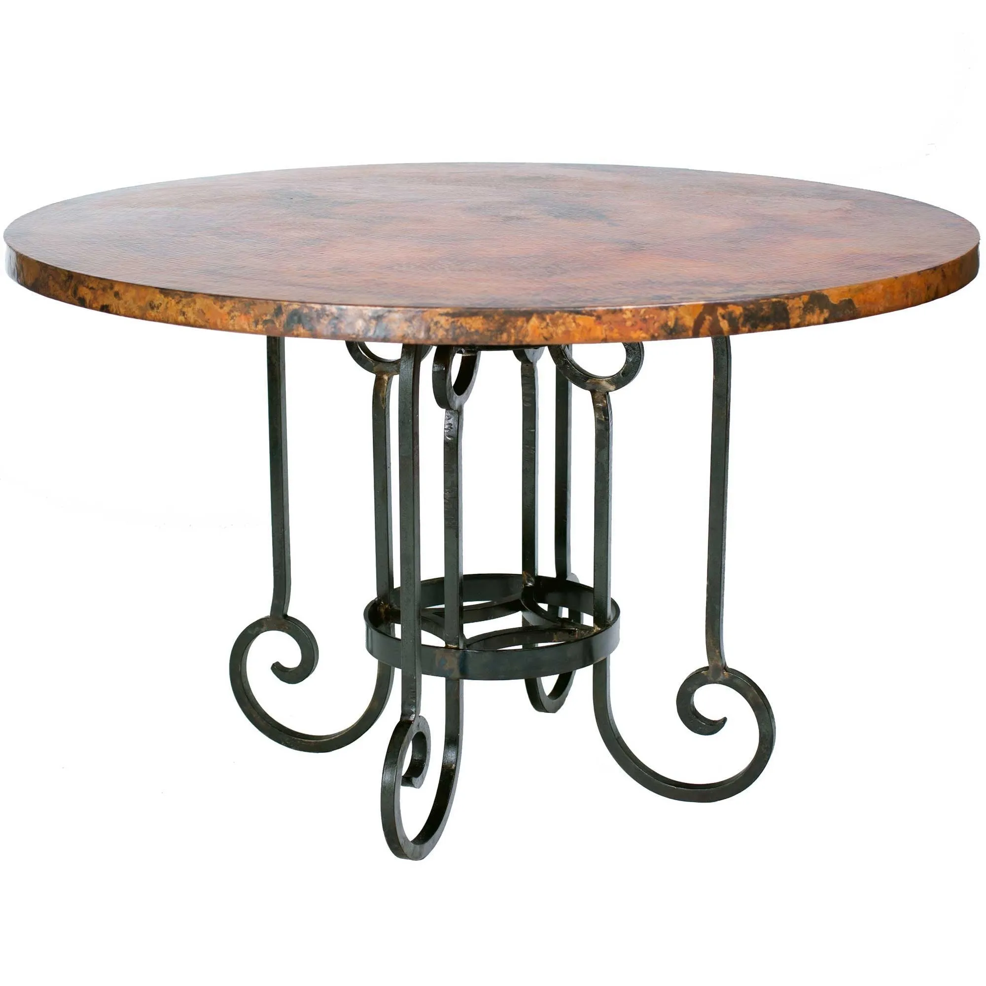 Curled Leg Round Dining Table with 54" Round Hammered Copper Top