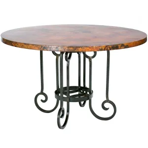 Curled Leg Round Dining Table with 54" Round Hammered Copper Top