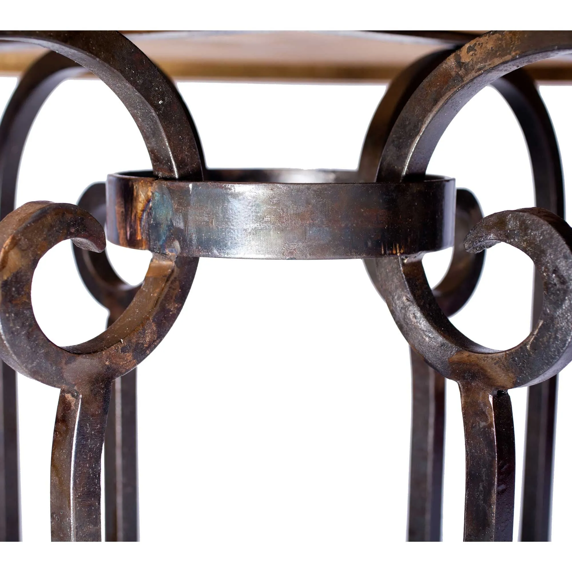 Curled Leg Round Dining Table with 54" Round Hammered Copper Top