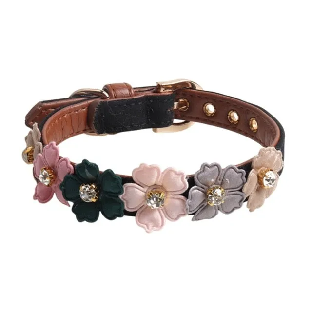 Flower Girl Leather Dog Collar with Diamonds