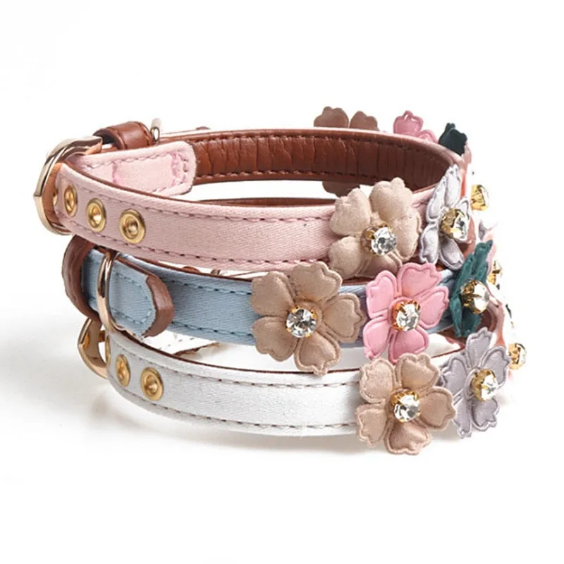 Flower Girl Leather Dog Collar with Diamonds