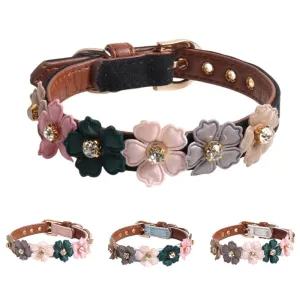 Flower Girl Leather Dog Collar with Diamonds