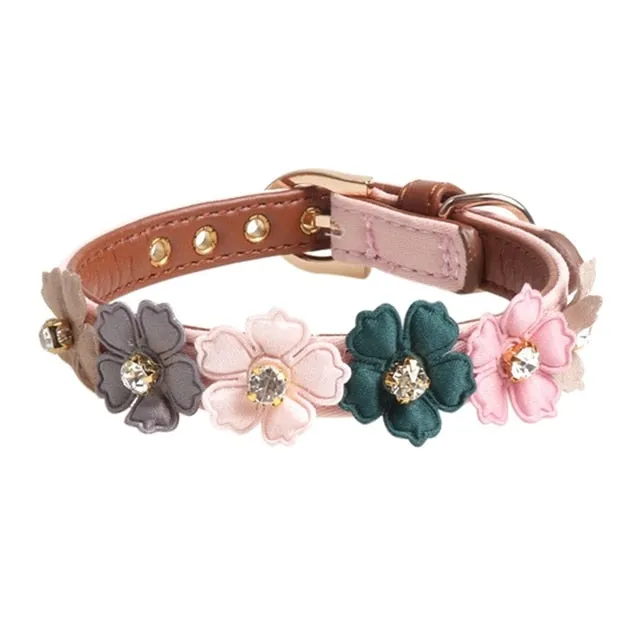 Flower Girl Leather Dog Collar with Diamonds