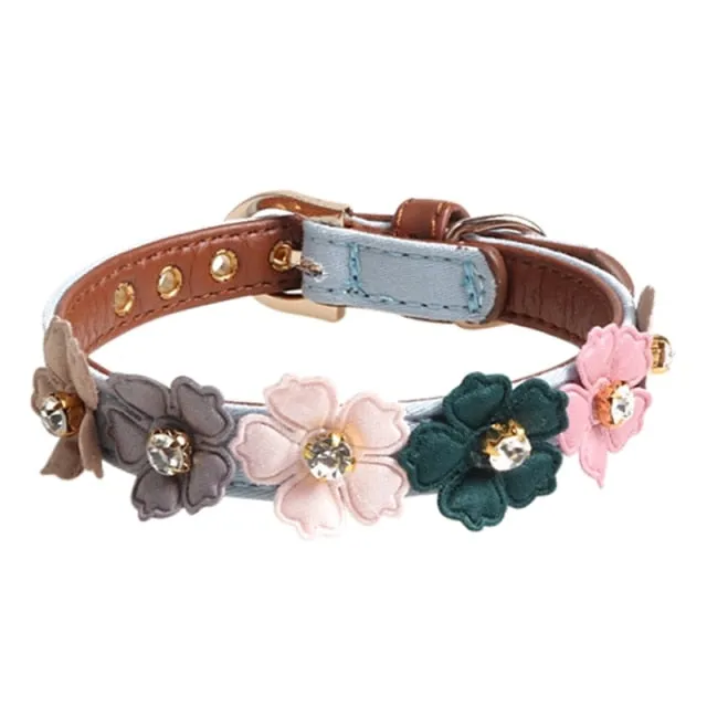 Flower Girl Leather Dog Collar with Diamonds