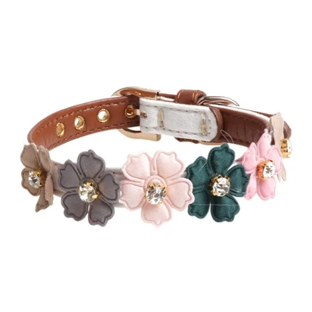 Flower Girl Leather Dog Collar with Diamonds