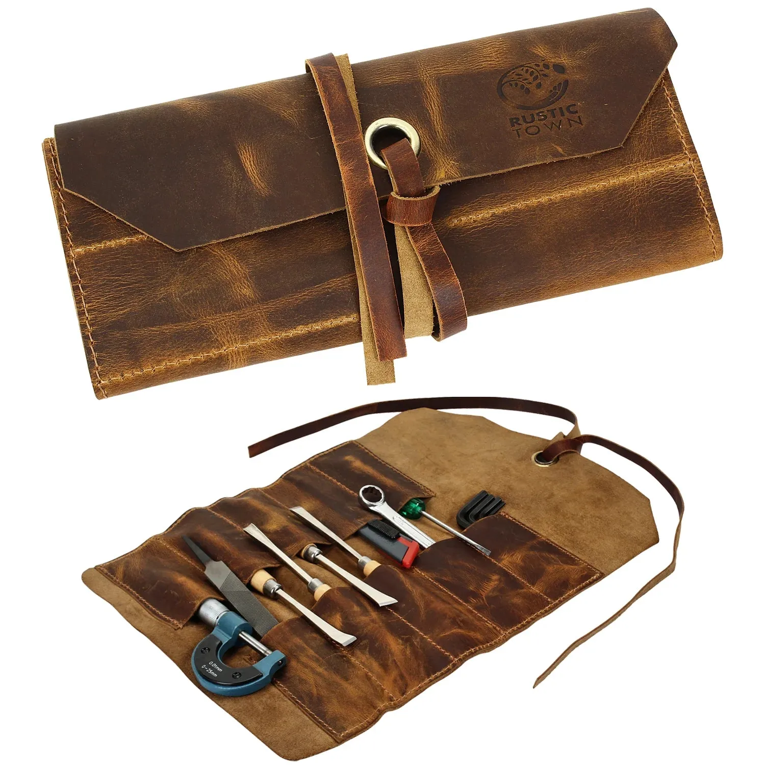 Full Grain Leather Tool Roll Up Pouch- Handcrafted Tool Kit (10 Slots)