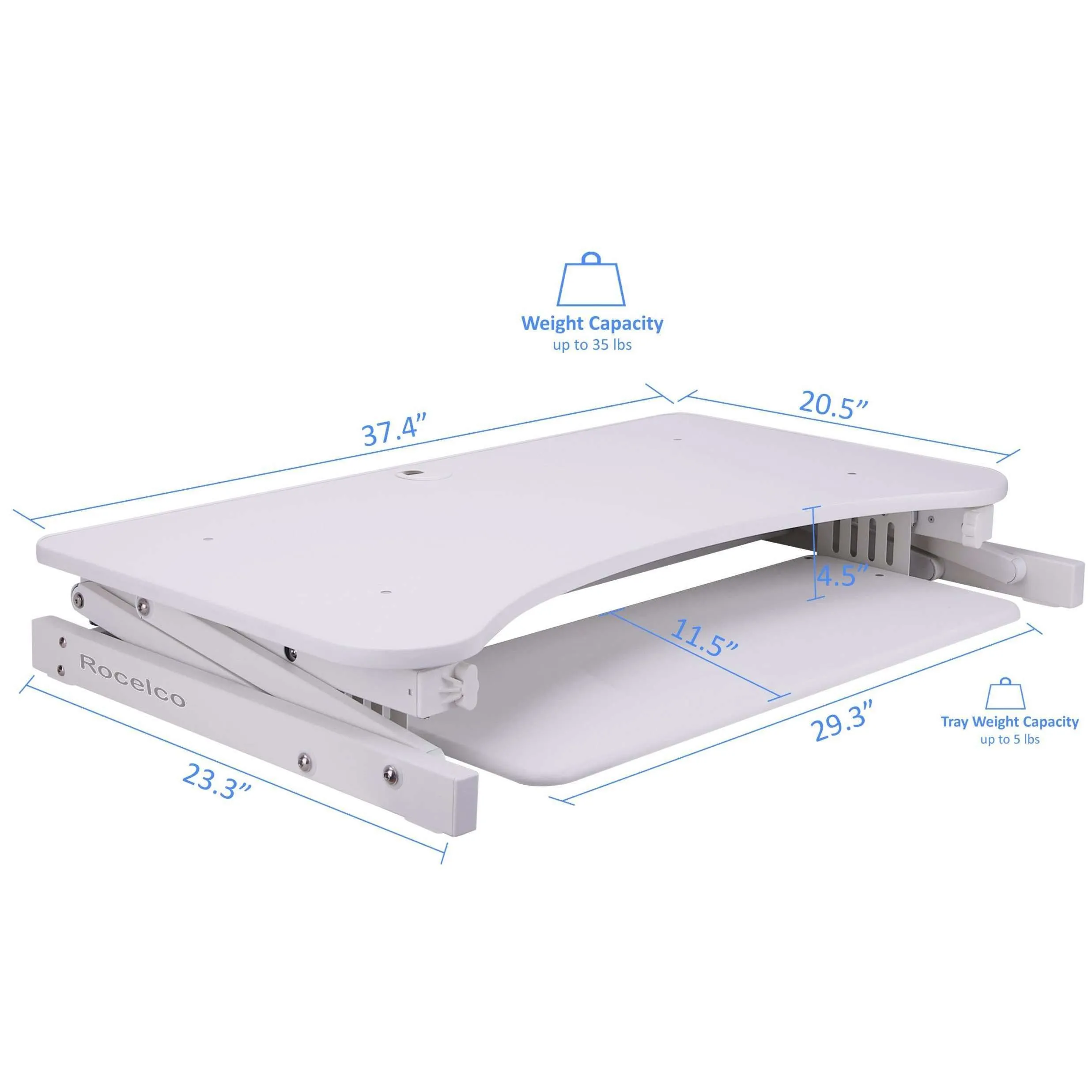 Lorell/Rocelco 37” Deluxe Height Adjustable Standing Desk Converter | Dual Monitor Riser | Gas Spring  | Large Retractable Keyboard Tray, R DADRW, White