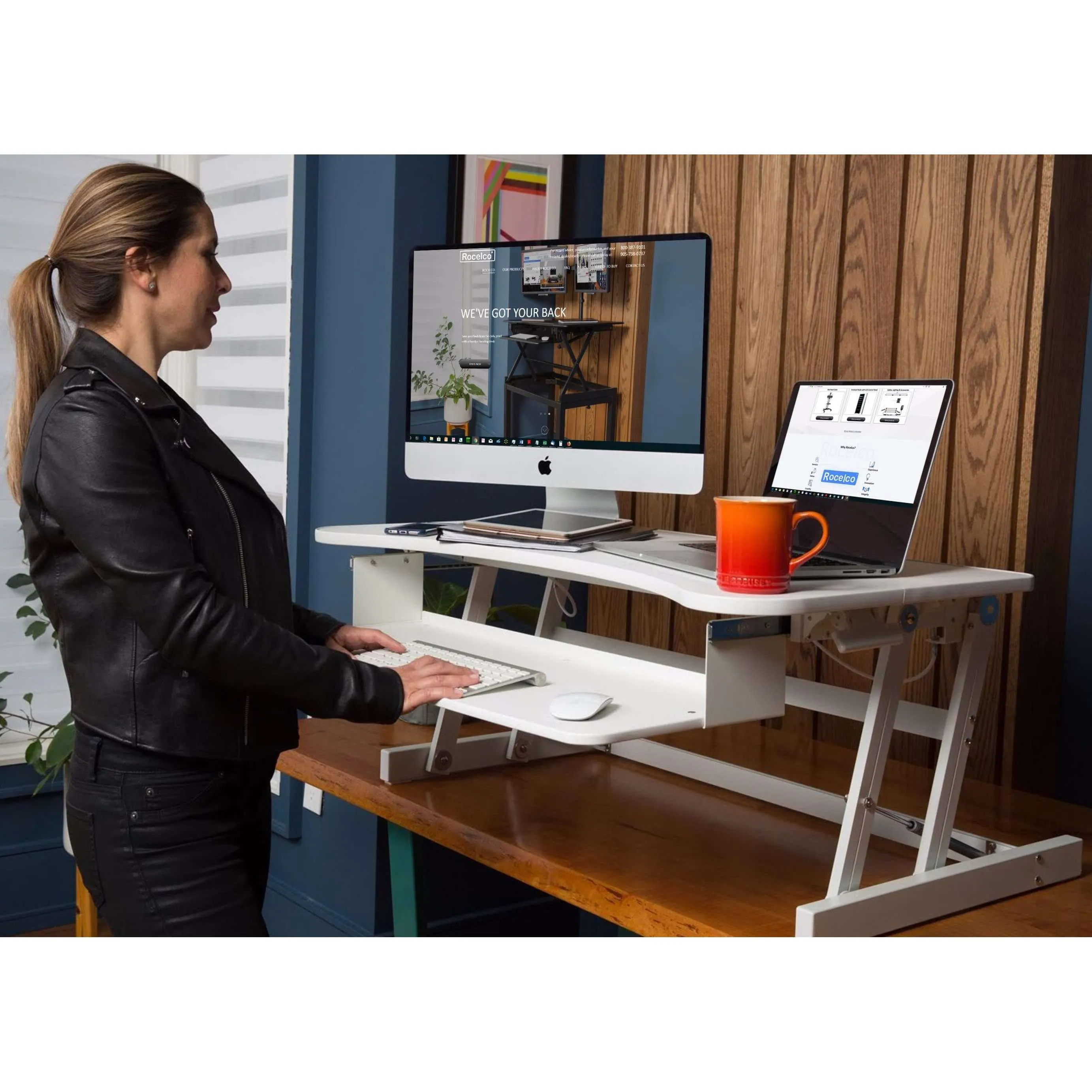 Lorell/Rocelco 37” Deluxe Height Adjustable Standing Desk Converter | Dual Monitor Riser | Gas Spring  | Large Retractable Keyboard Tray, R DADRW, White