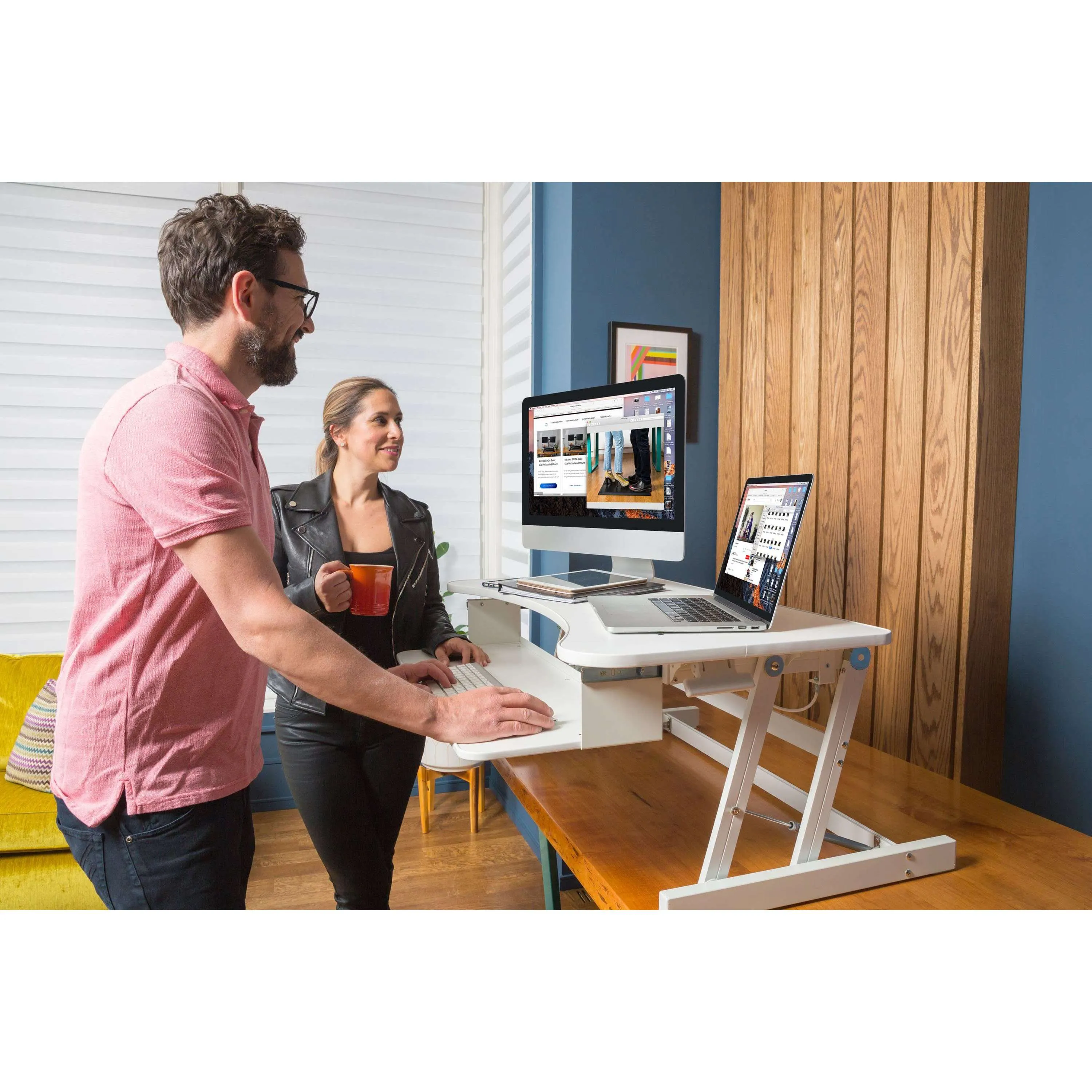 Lorell/Rocelco 37” Deluxe Height Adjustable Standing Desk Converter | Dual Monitor Riser | Gas Spring  | Large Retractable Keyboard Tray, R DADRW, White