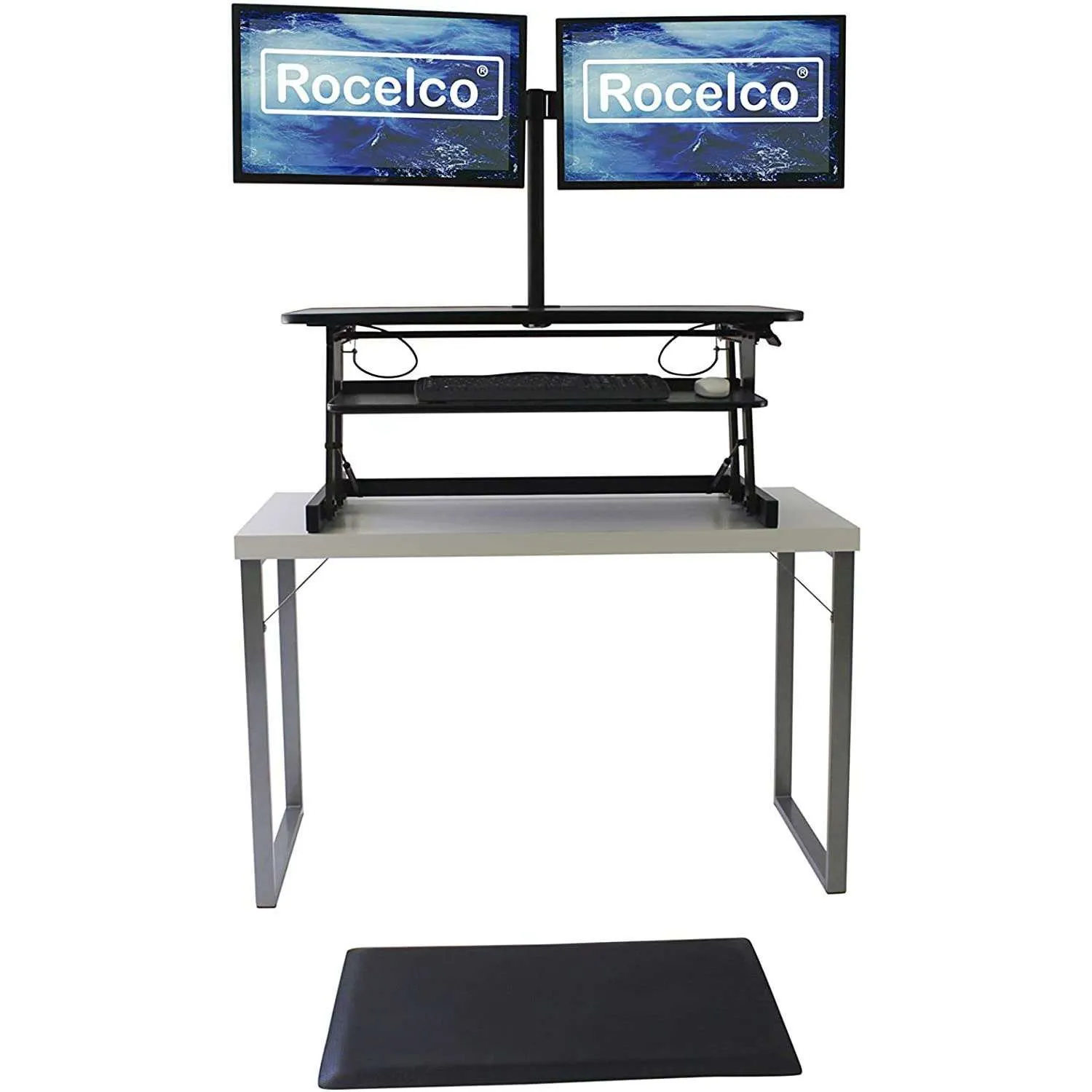 Lorell/Rocelco Deluxe Height-Adjustable Standing Desk Converter, Dual-Monitor Mount and Anti-Fatigue Mat BUNDLE, R DADRB-DM2-MAF, R DADRB-DM2-MAFM