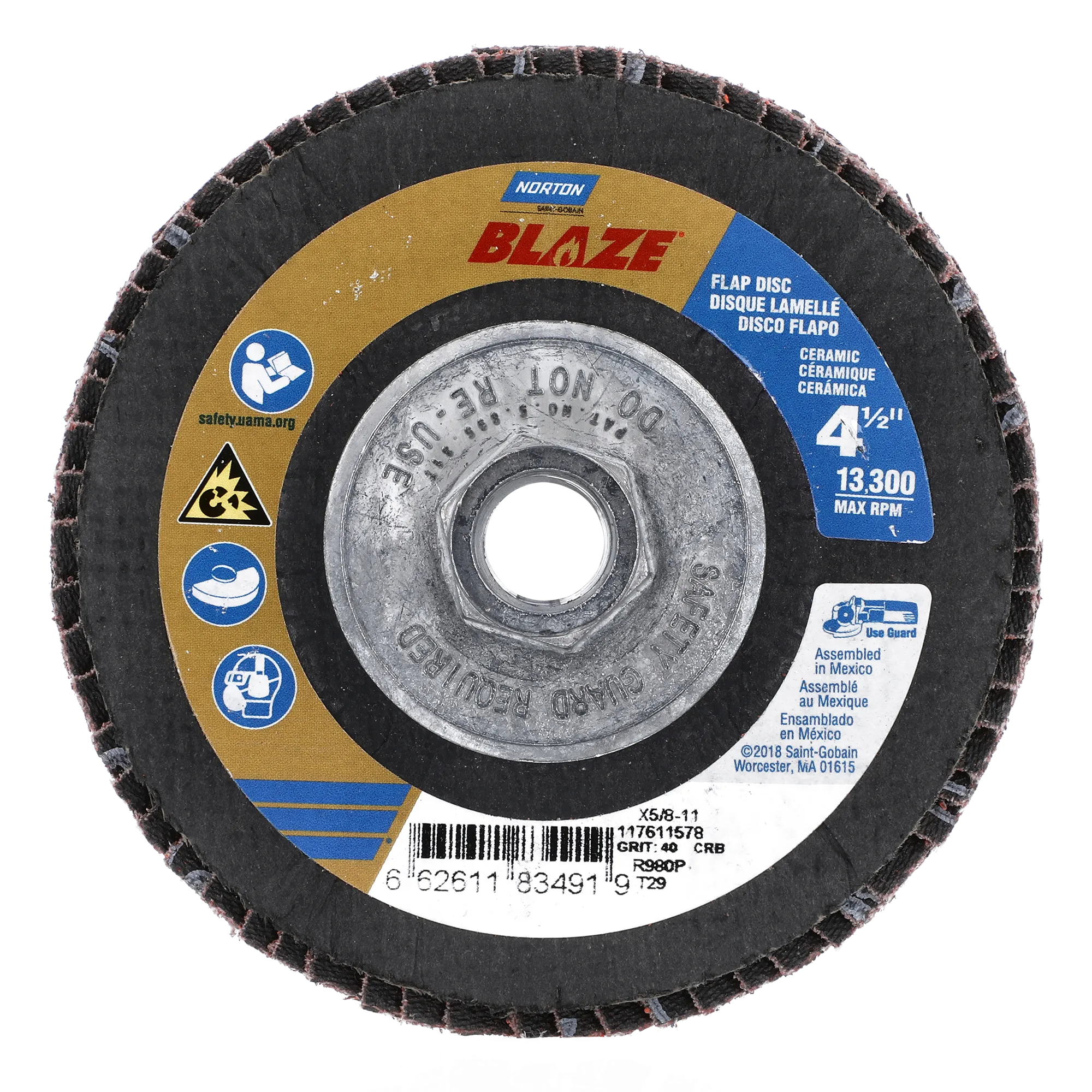 Norton 4-1/2 x 5/8 - 11 In. Blaze Fiberglass Conical Flap Disc T29 40 Grit R980P CA 10 Count