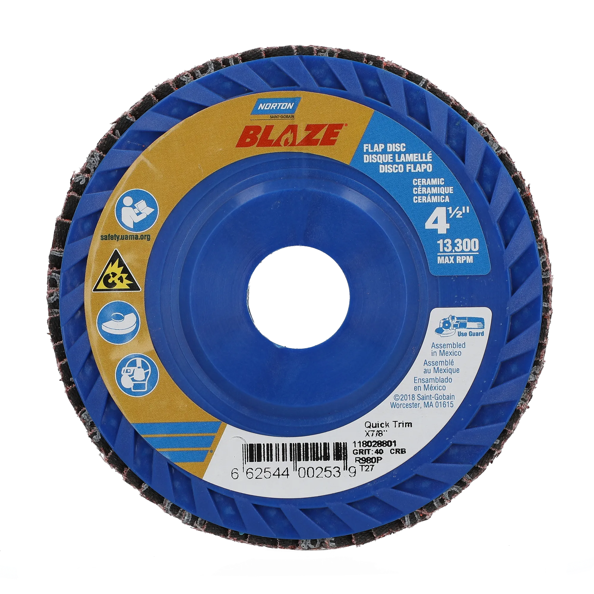 Norton 4-1/2 x 7/8 In. Blaze Plastic Flat Flap Disc T27 40 Grit R980P CA 10 Count