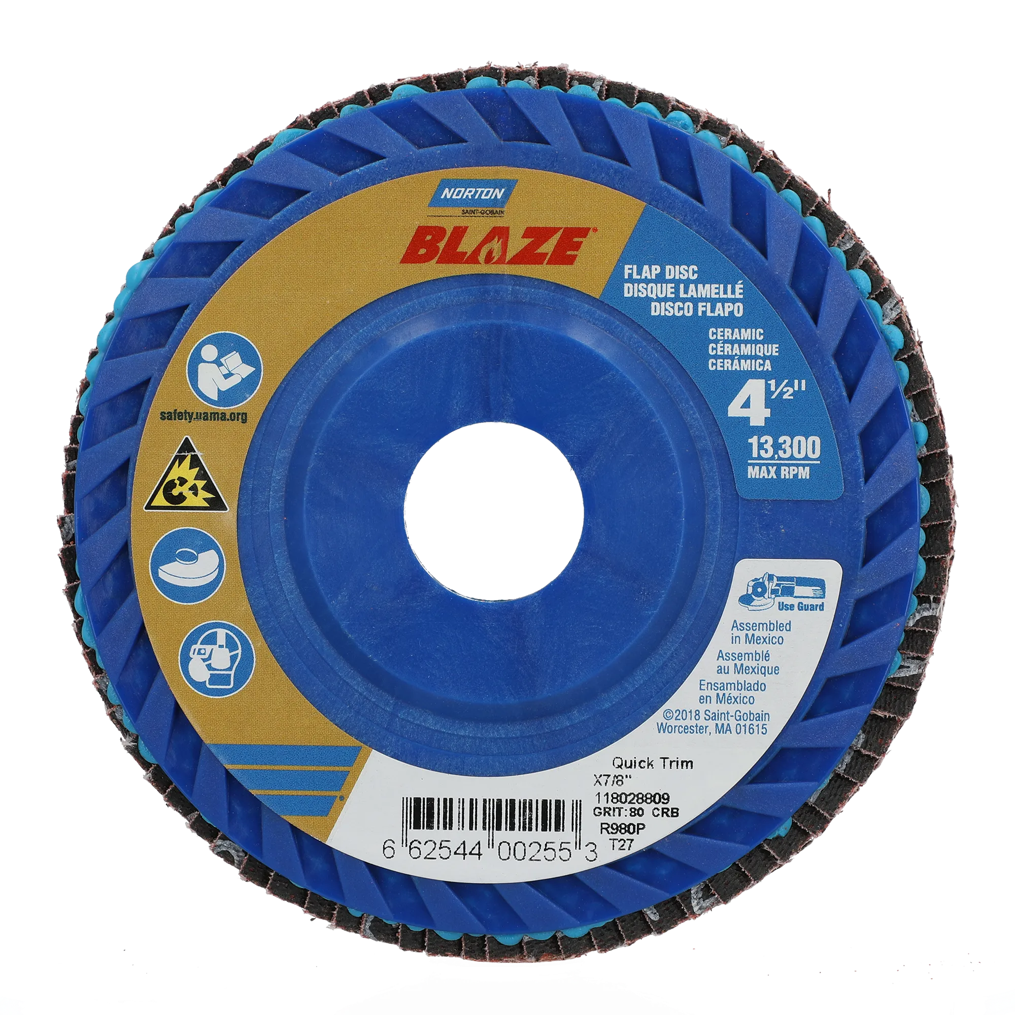 Norton 4-1/2 x 7/8 In. Blaze Plastic Flat Flap Disc T27 80 Grit R980P  10 Count