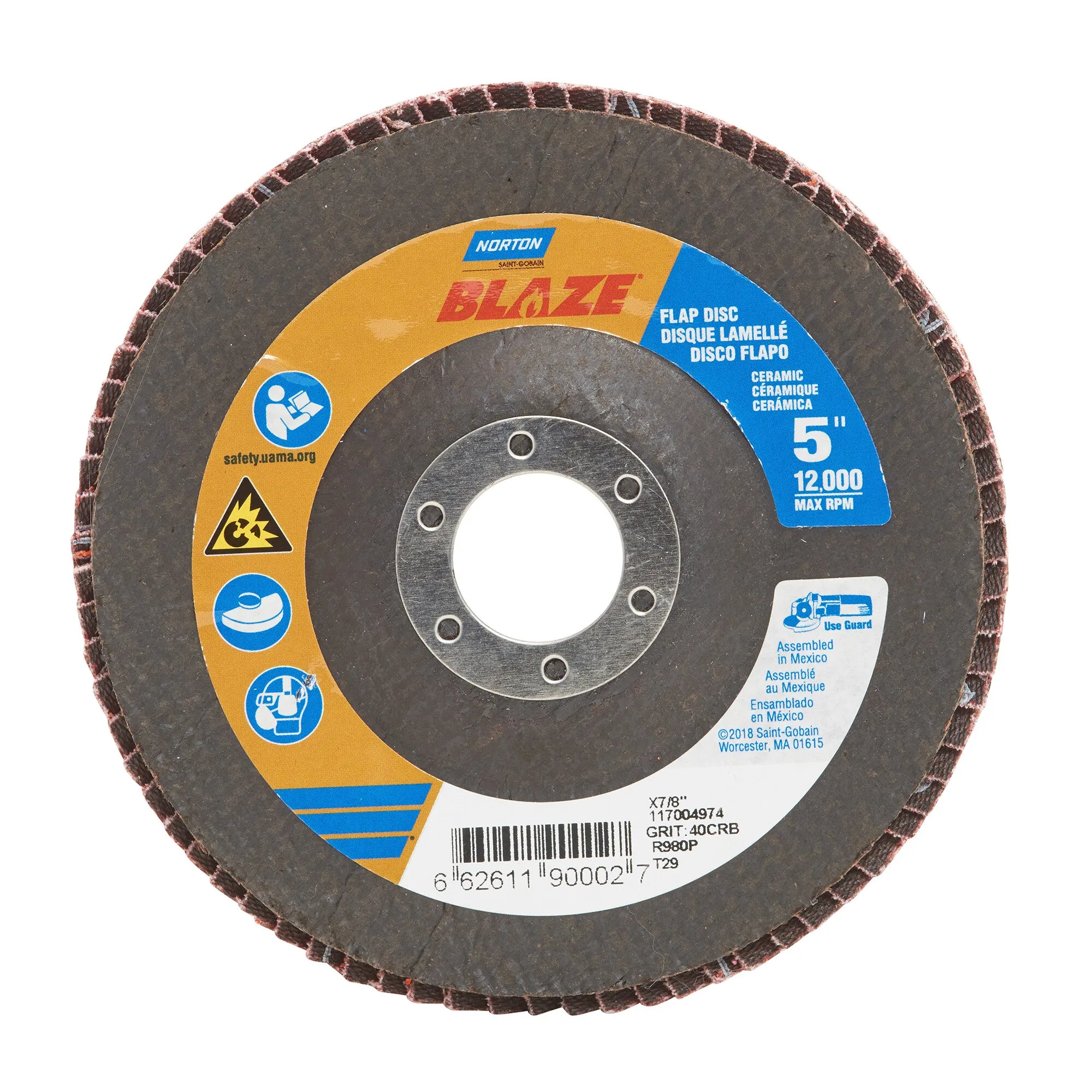 Norton 5 x 7/8 In. Blaze Fiberglass Conical Flap Disc T29 40 Grit R980P CA 10 Count