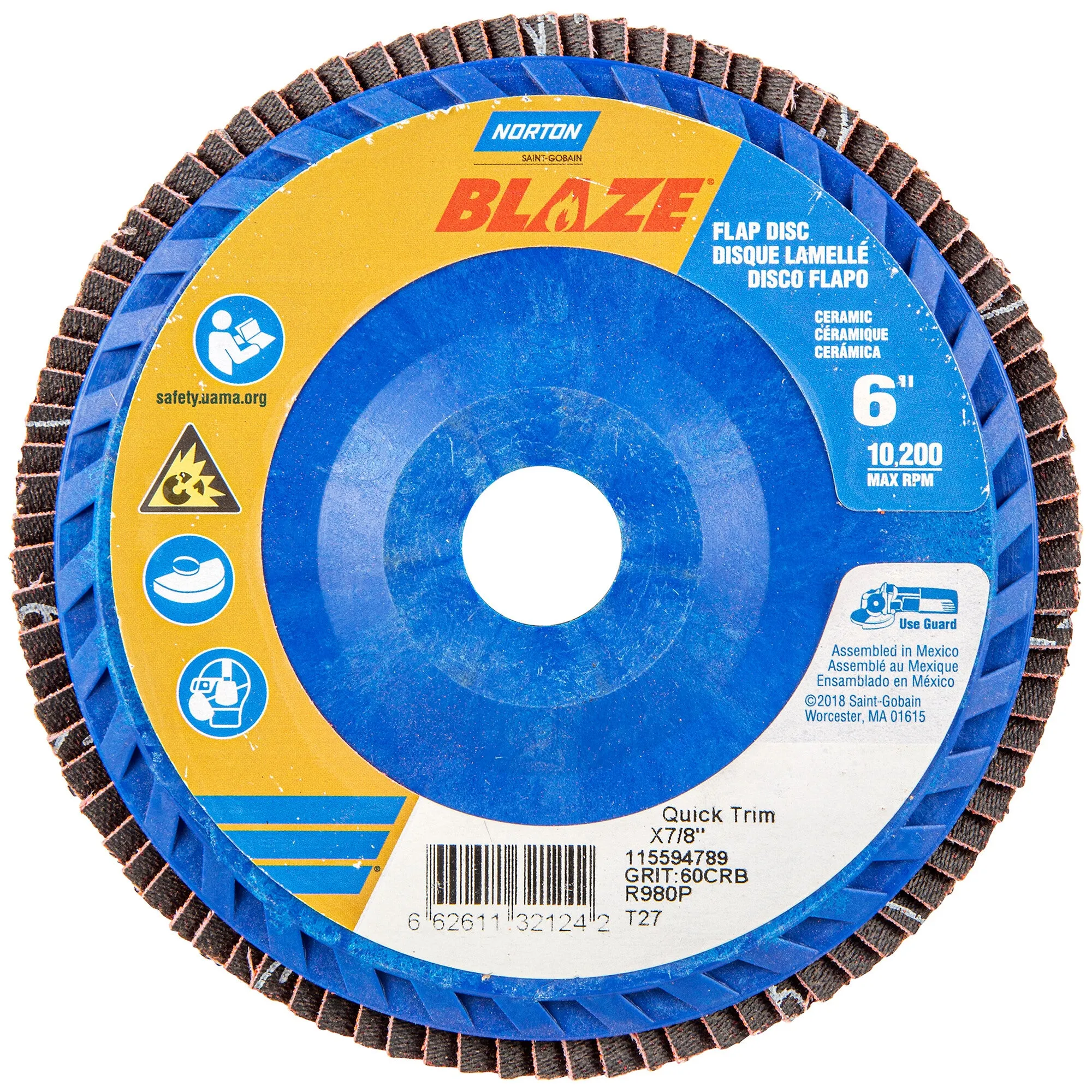 Norton 6 x 7/8 In. Blaze Plastic Flat Flap Disc T27 60 Grit R980P CA 10 Count