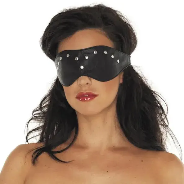 Rimba Black Leather Bondage Blindfold with Silver Stud Detail