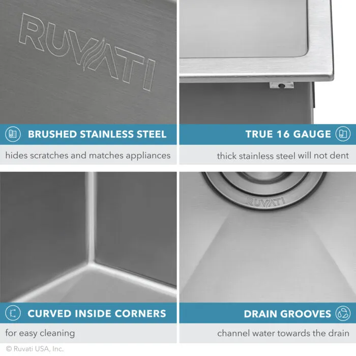 Ruvati 18 x 20 inch Drop-in Topmount Rounded 16 Gauge Stainless Steel Kitchen Sink Single Bowl – RVH8006