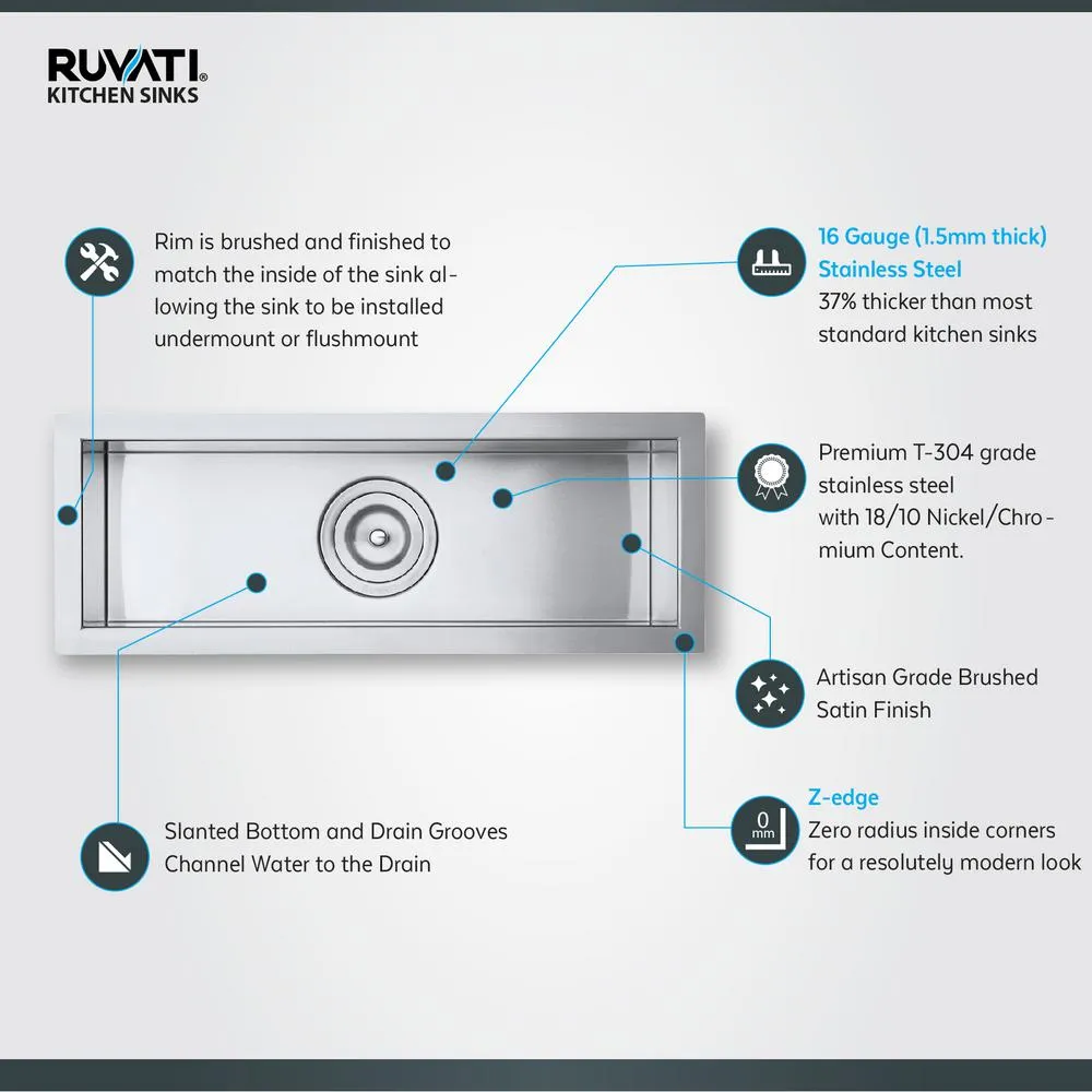 Ruvati 23" x 8" Bar Prep Sink Narrow Trough Undermount 16 Gauge Stainless Steel Single Bowl - RVH7120