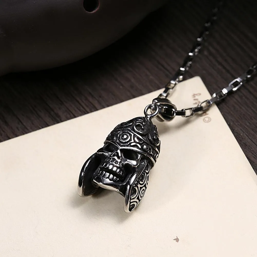 Stainless Steel "Skull in Helmet" Pendant Necklace