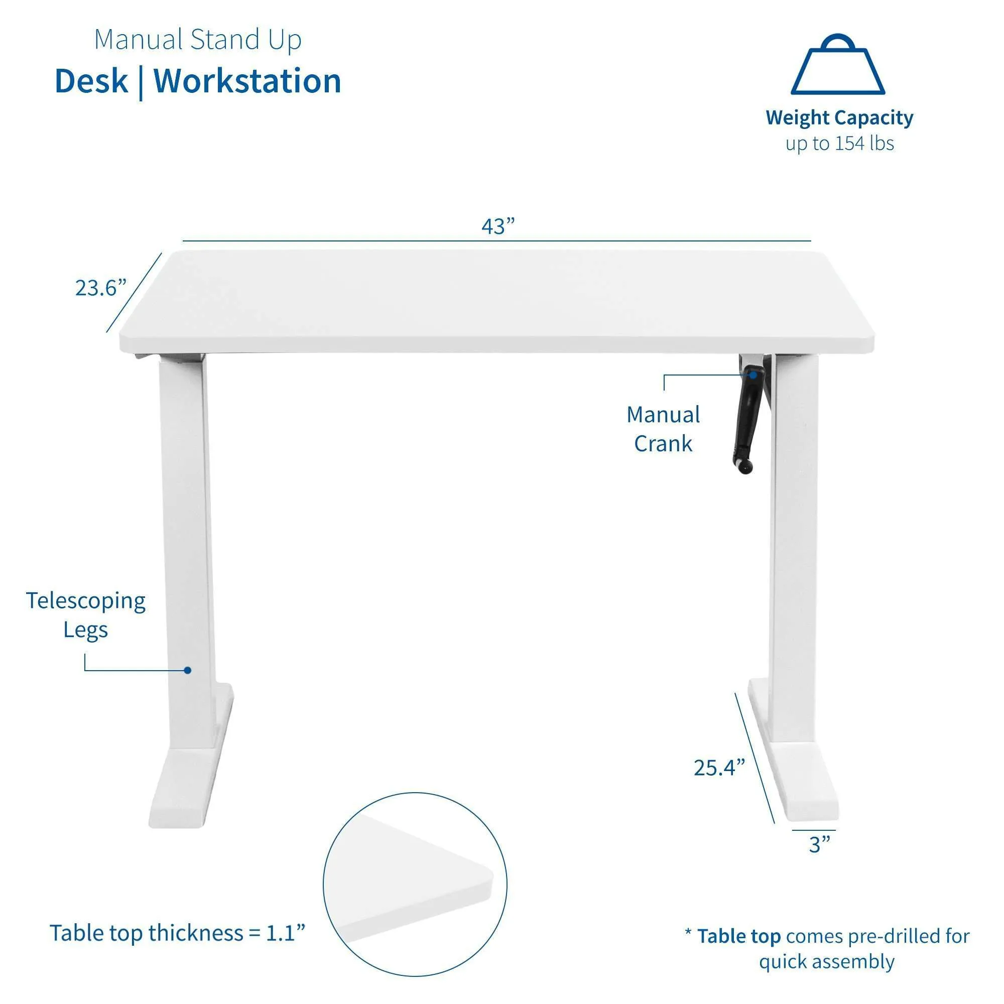 VIVO 43" x 24" Manual Height-Adjustable Desk w/ Crank, DESK-KIT-MW4W/MW4B/MW4C/MW4D/MW4E